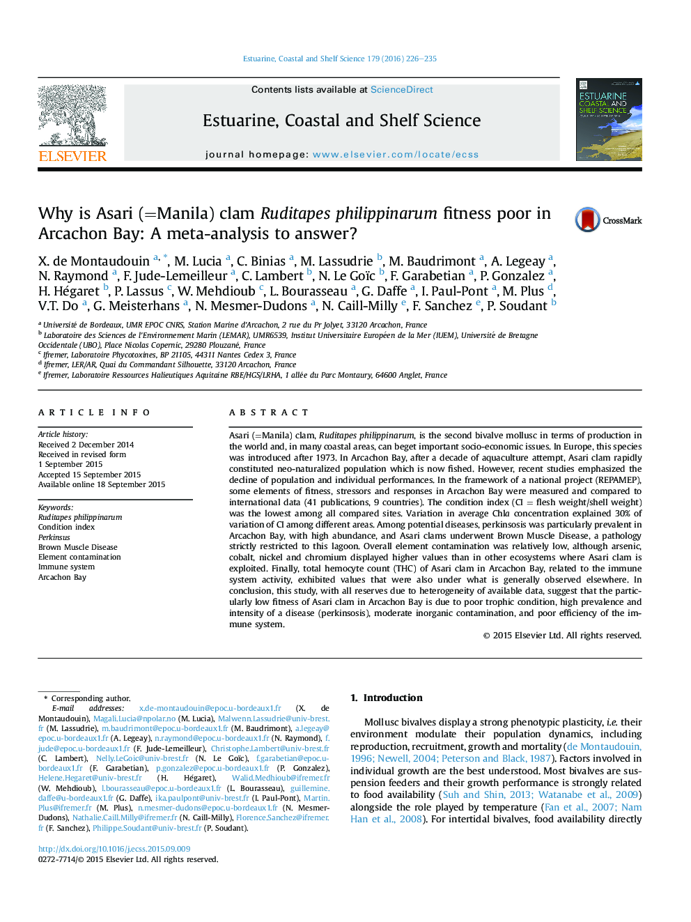 Why is Asari (=Manila) clam Ruditapes philippinarum fitness poor in Arcachon Bay: A meta-analysis to answer?