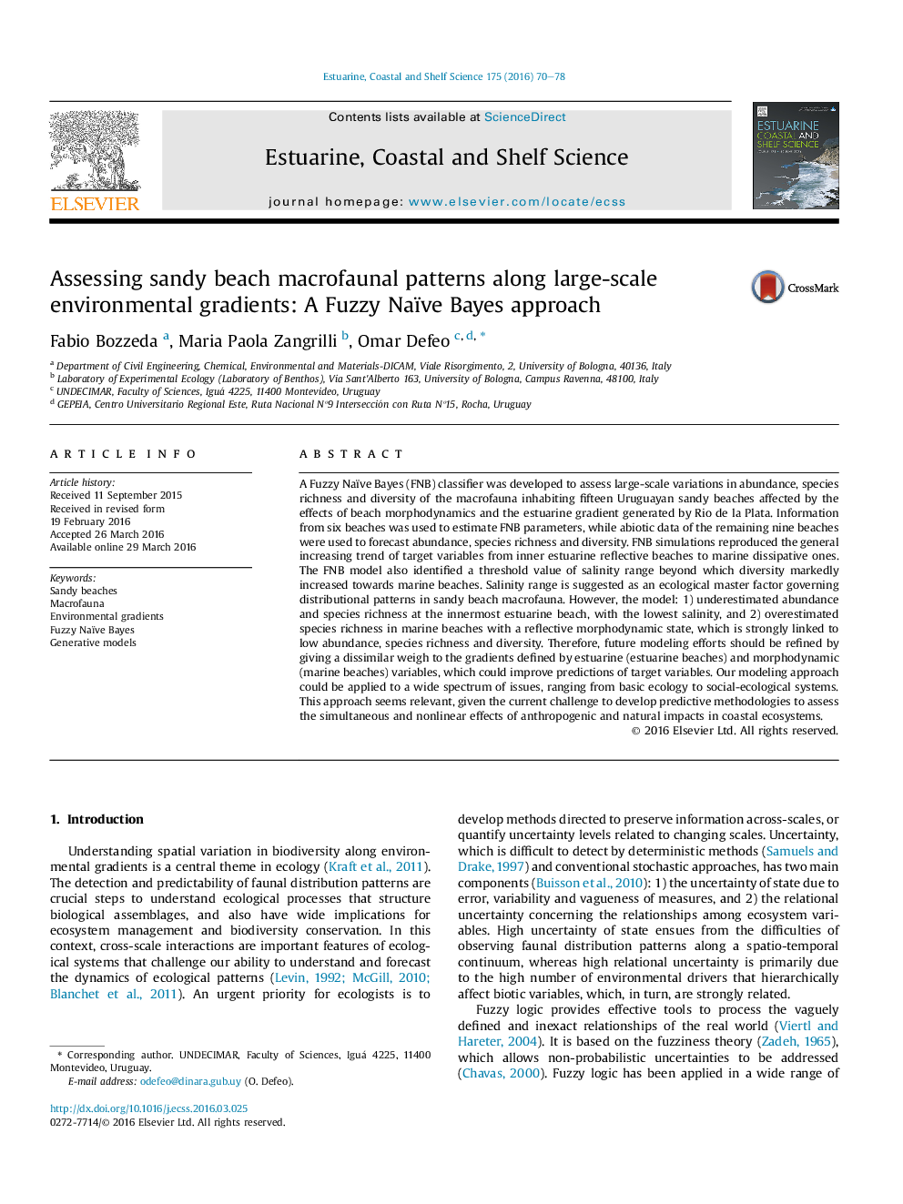 عکس صفحه اول مقاله: Assessing sandy beach macrofaunal patterns along large-scale environmental gradients: A Fuzzy Naïve Bayes approach Assessing sandy beach macrofaunal patterns along large-scale environmental gradients: A Fuzzy Naïve Bayes approach