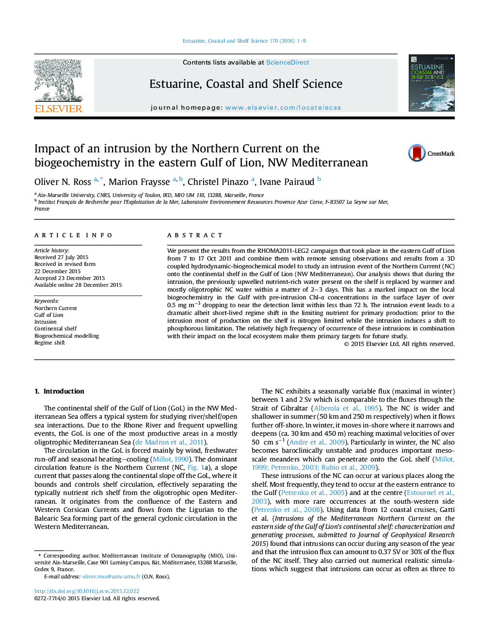 Impact of an intrusion by the Northern Current on the biogeochemistry in the eastern Gulf of Lion, NW Mediterranean