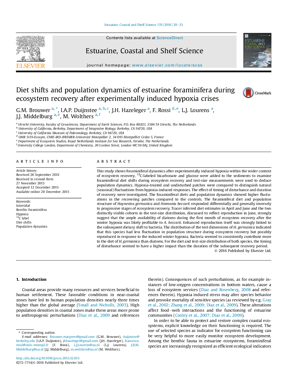 Diet shifts and population dynamics of estuarine foraminifera during ecosystem recovery after experimentally induced hypoxia crises