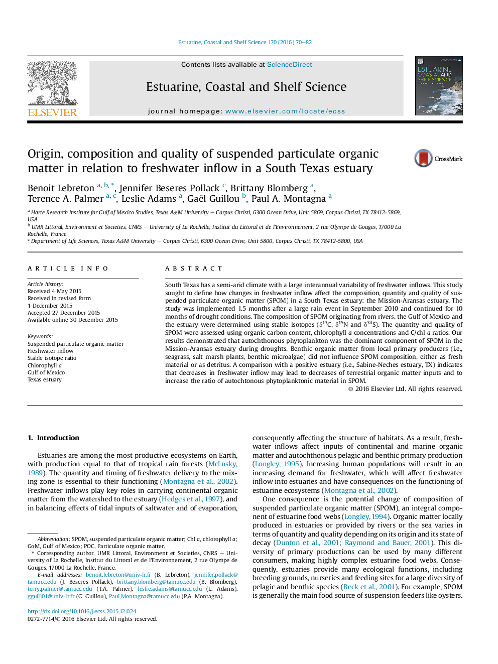 Origin, composition and quality of suspended particulate organic matter in relation to freshwater inflow in a South Texas estuary