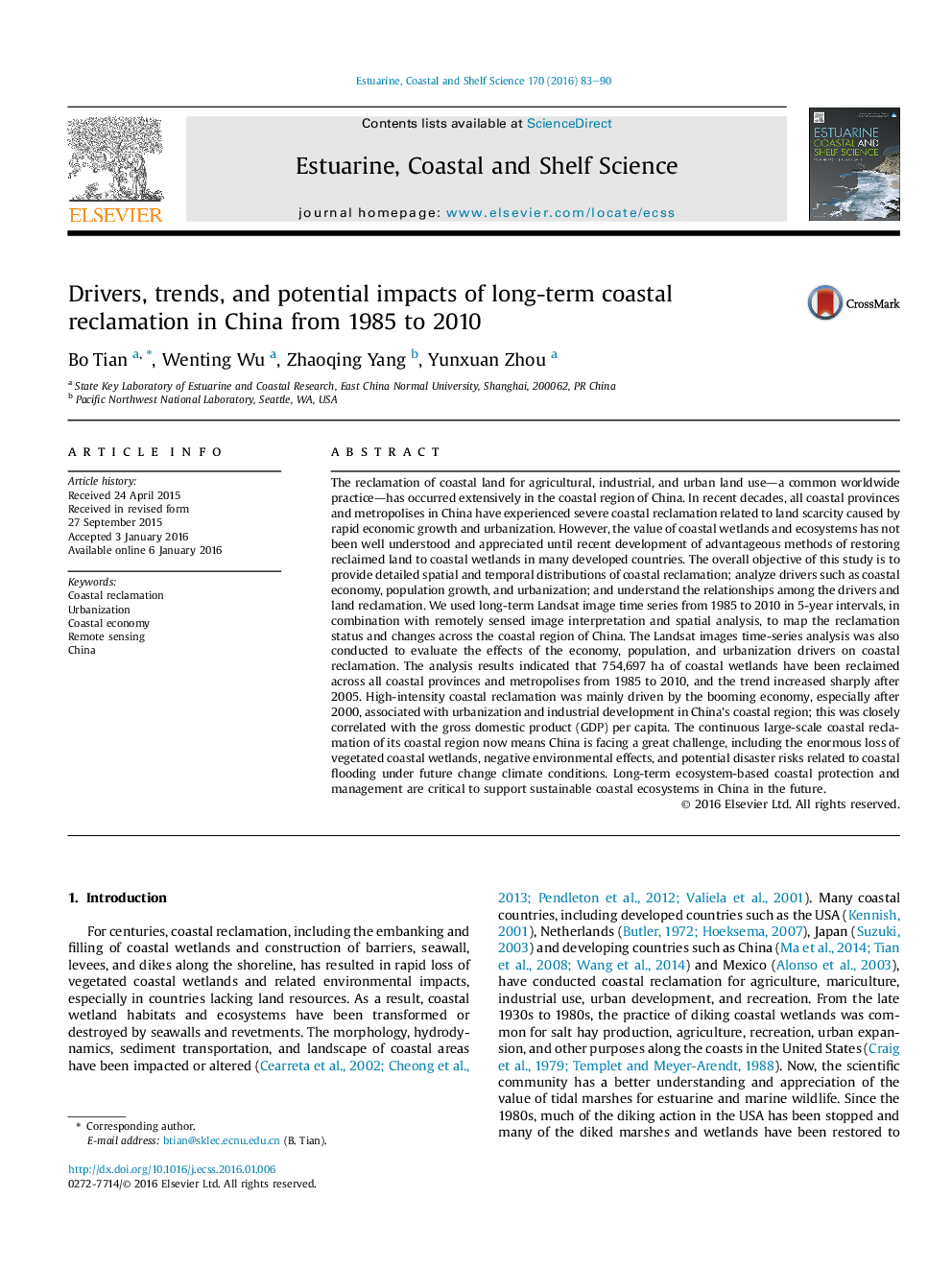 Drivers, trends, and potential impacts of long-term coastal reclamation in China from 1985 to 2010