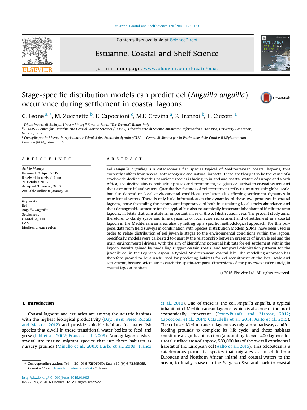 Stage-specific distribution models can predict eel (Anguilla anguilla) occurrence during settlement in coastal lagoons