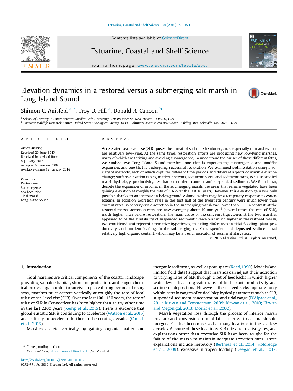 Elevation dynamics in a restored versus a submerging salt marsh in Long Island Sound