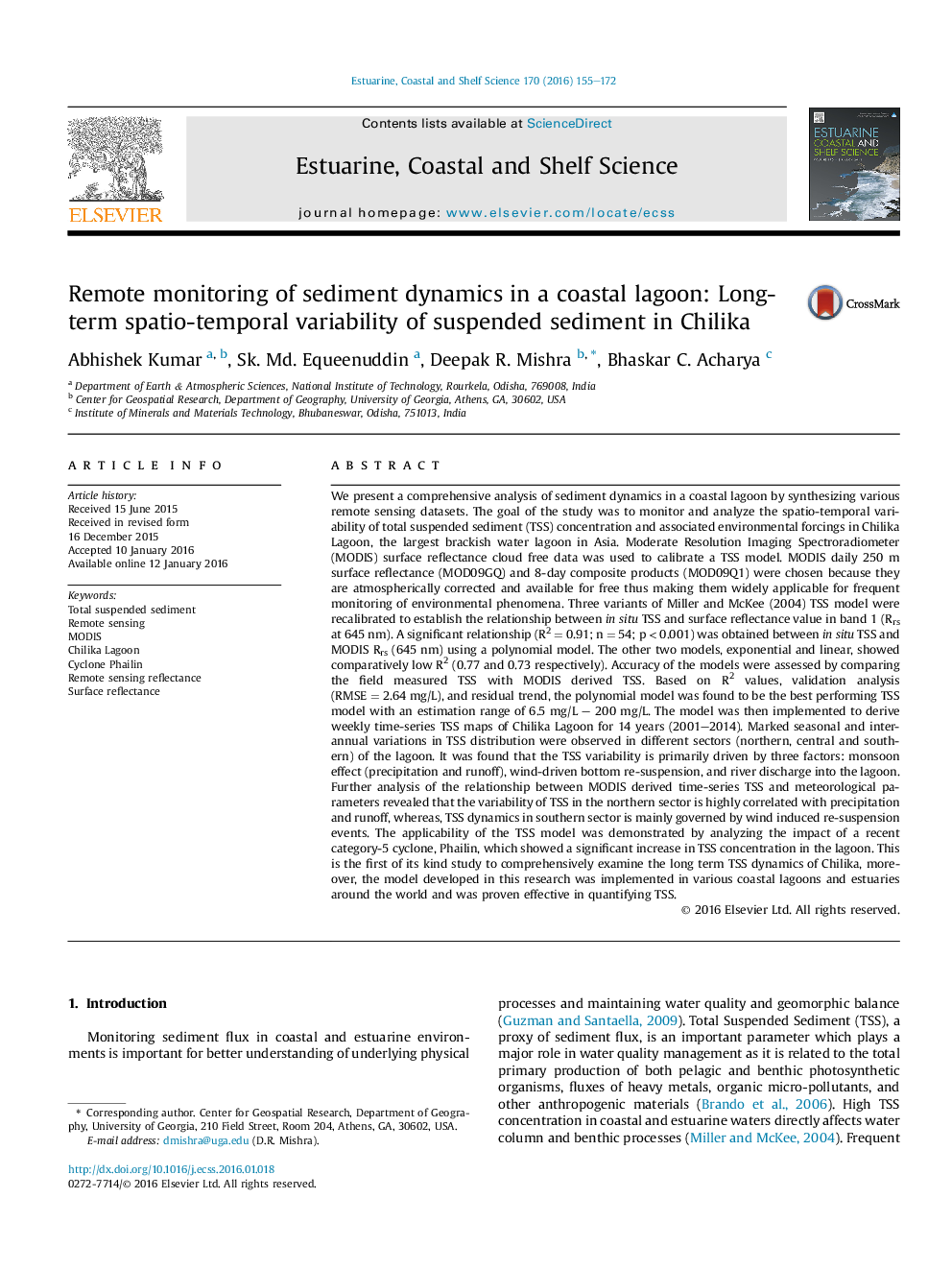 Remote monitoring of sediment dynamics in a coastal lagoon: Long-term spatio-temporal variability of suspended sediment in Chilika