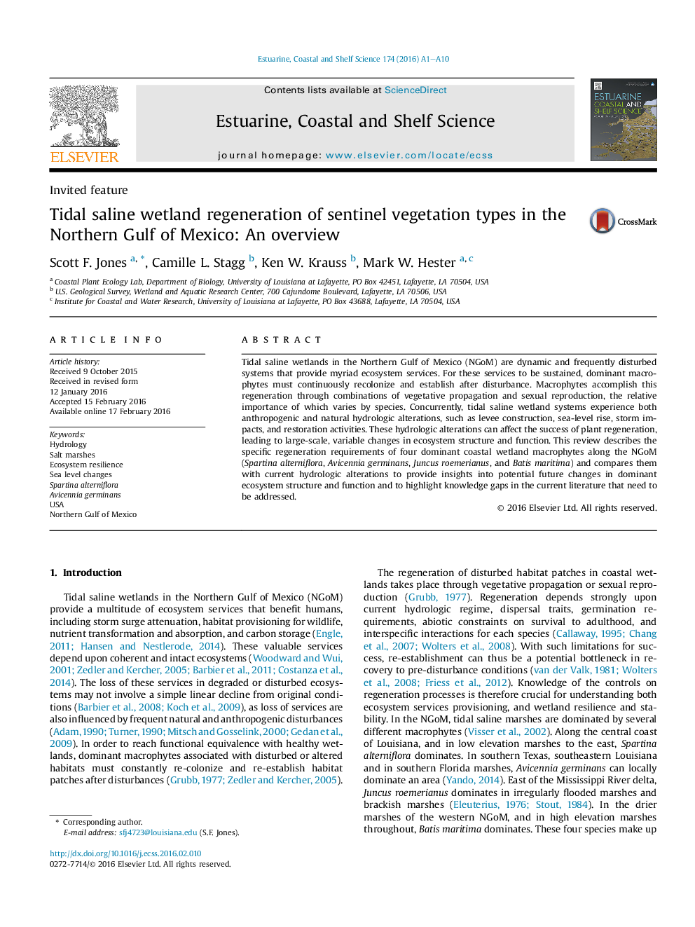 Tidal saline wetland regeneration of sentinel vegetation types in the Northern Gulf of Mexico: An overview