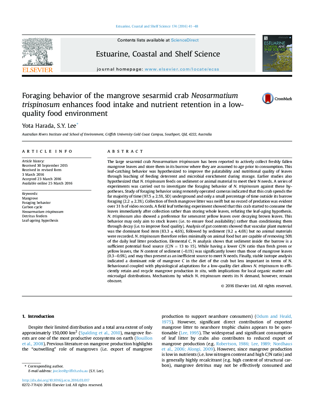 Foraging behavior of the mangrove sesarmid crab Neosarmatium trispinosum enhances food intake and nutrient retention in a low-quality food environment