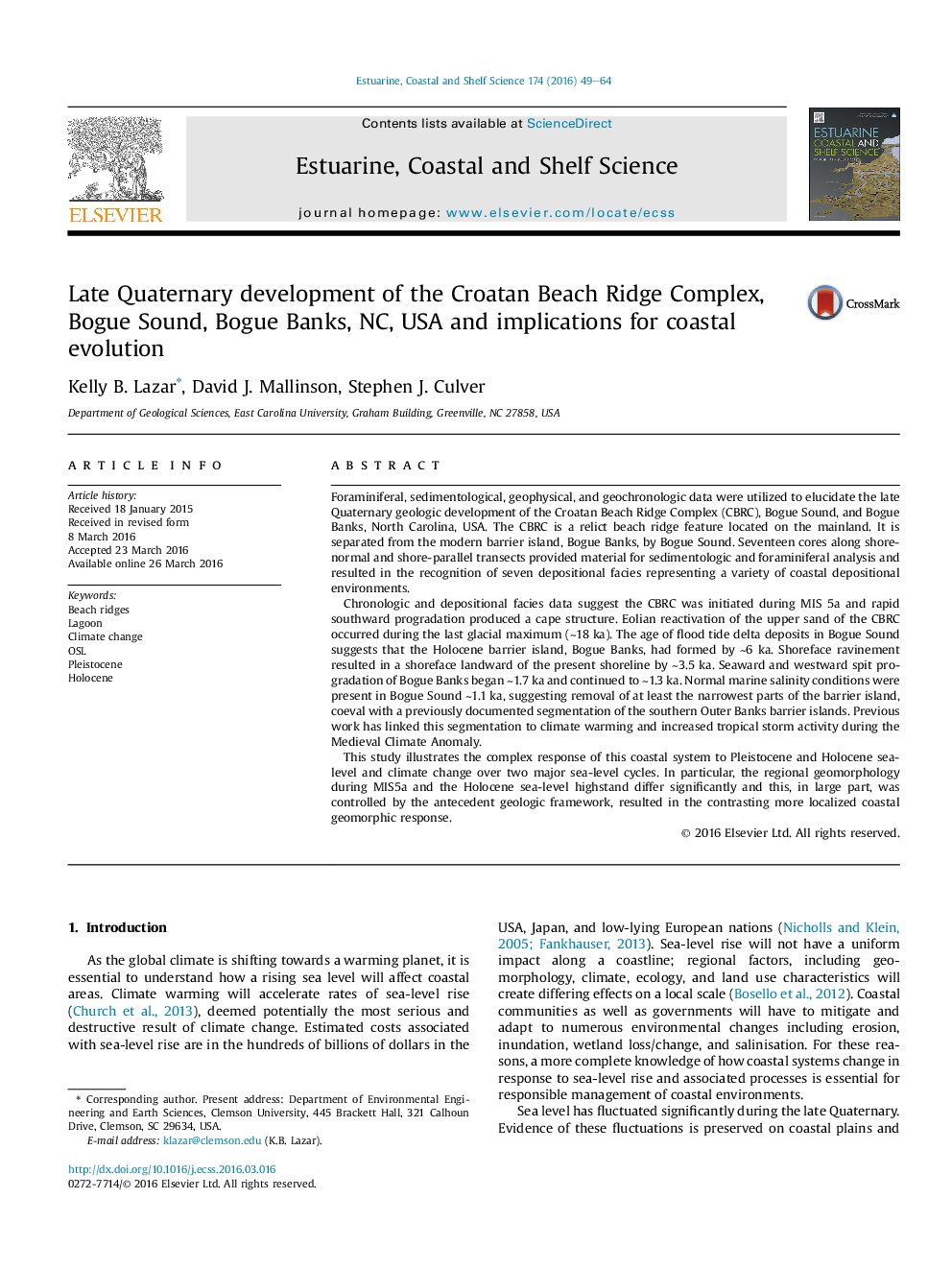 Late Quaternary development of the Croatan Beach Ridge Complex, Bogue Sound, Bogue Banks, NC, USA and implications for coastal evolution