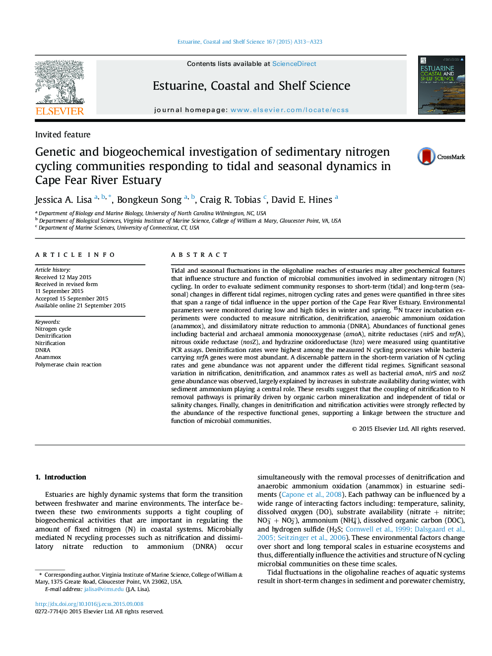 Genetic and biogeochemical investigation of sedimentary nitrogen cycling communities responding to tidal and seasonal dynamics in Cape Fear River Estuary