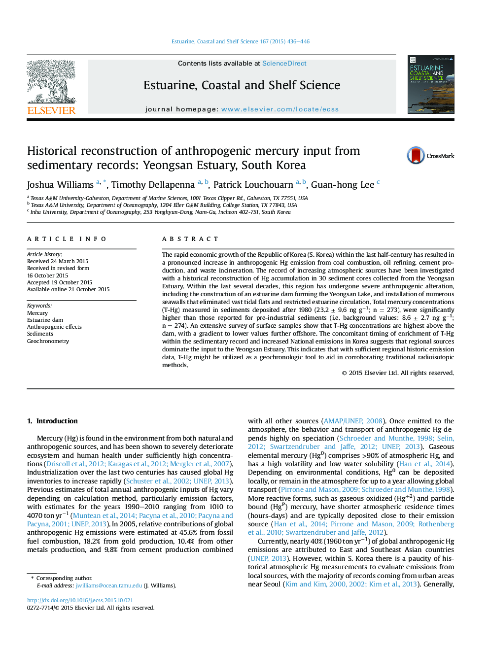 Historical reconstruction of anthropogenic mercury input from sedimentary records: Yeongsan Estuary, South Korea