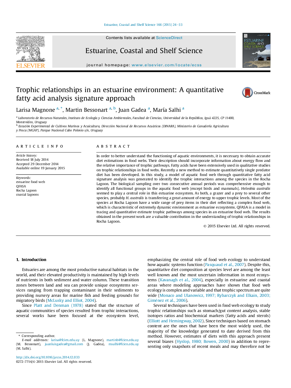 Trophic relationships in an estuarine environment: A quantitative fatty acid analysis signature approach