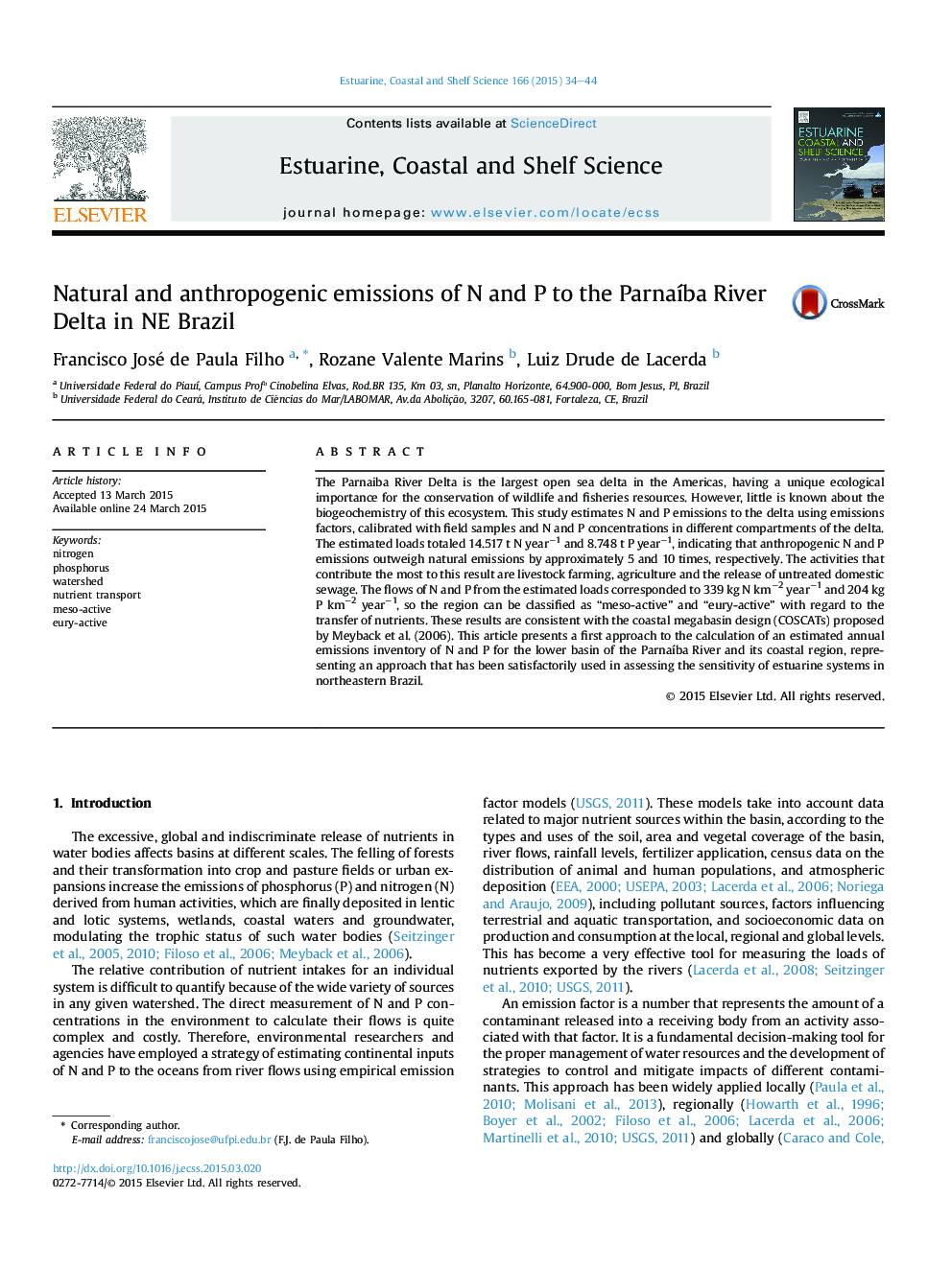 Natural and anthropogenic emissions of N and P to the Parnaíba River Delta in NE Brazil