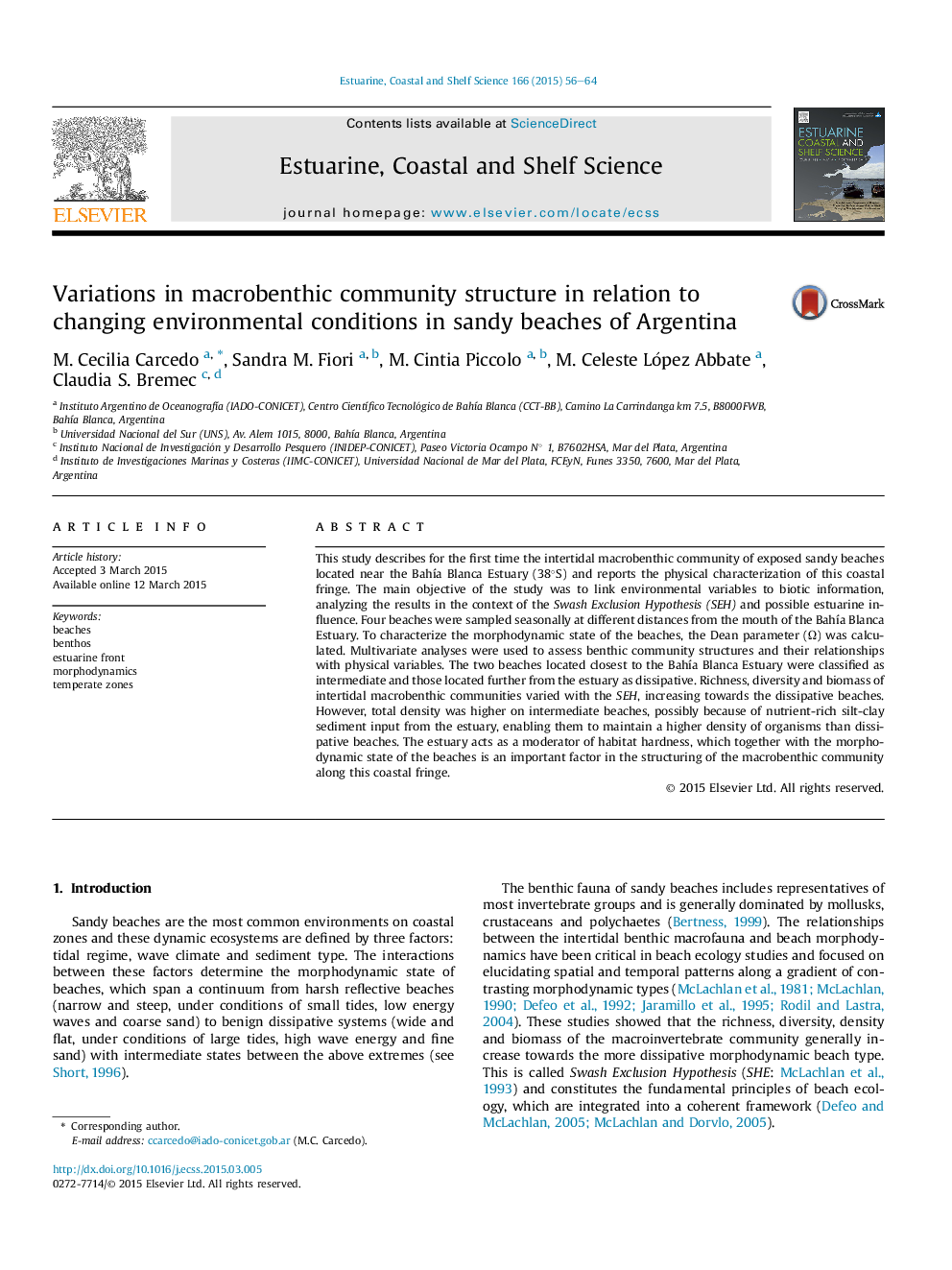 Variations in macrobenthic community structure in relation to changing environmental conditions in sandy beaches of Argentina