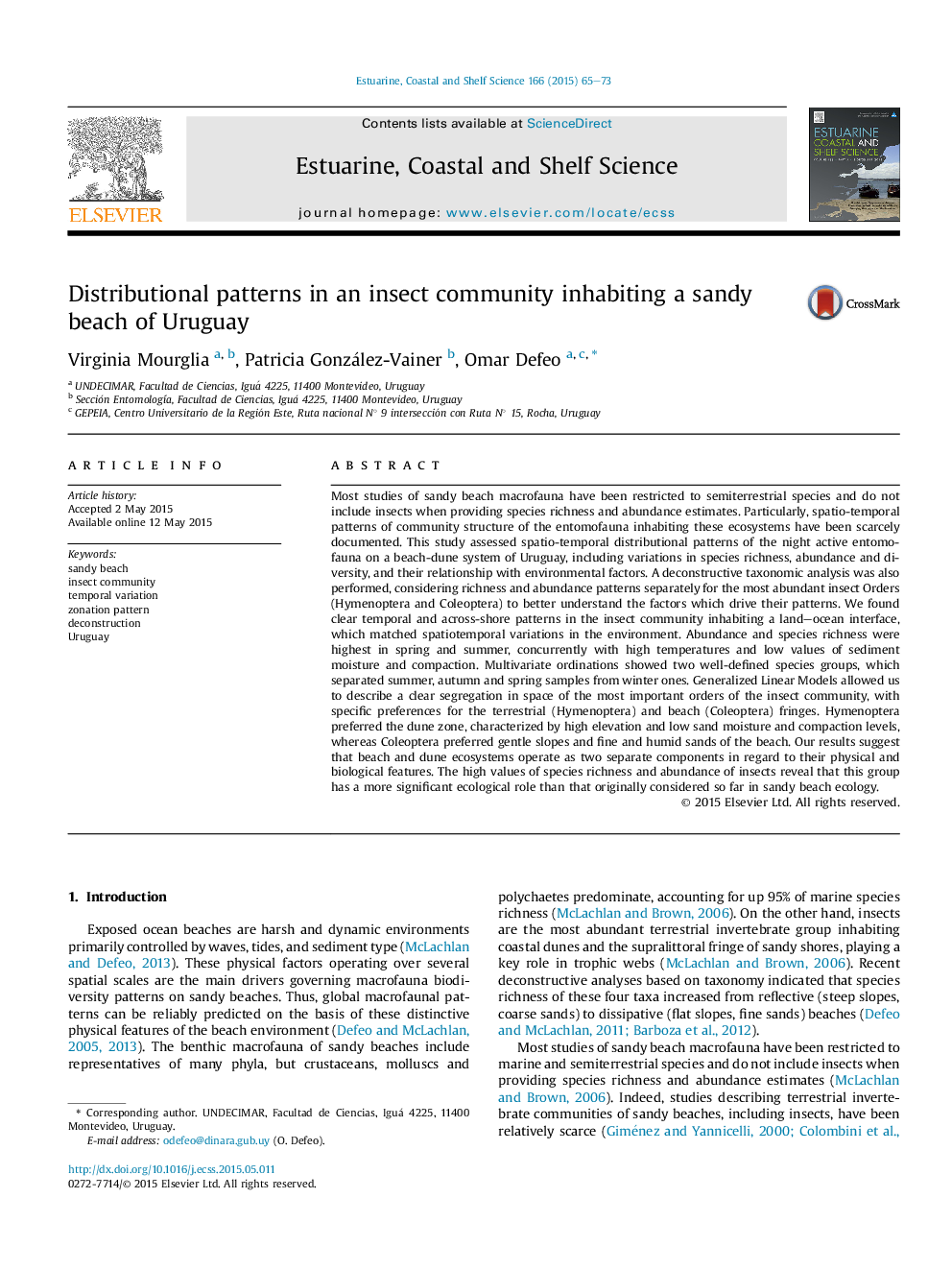 Distributional patterns in an insect community inhabiting a sandy beach of Uruguay