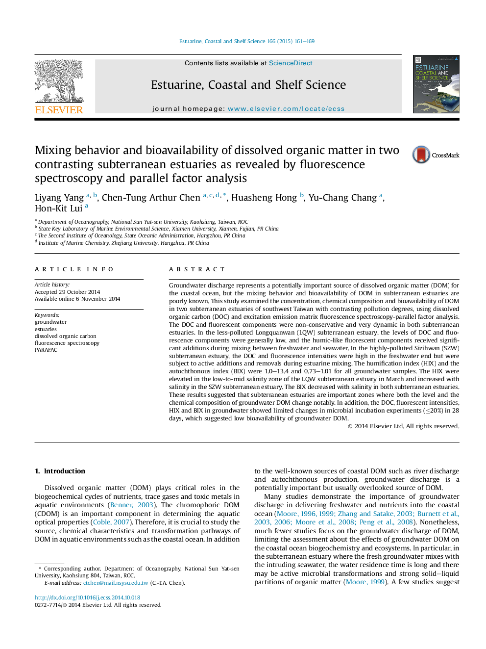 Mixing behavior and bioavailability of dissolved organic matter in two contrasting subterranean estuaries as revealed by fluorescence spectroscopy and parallel factor analysis