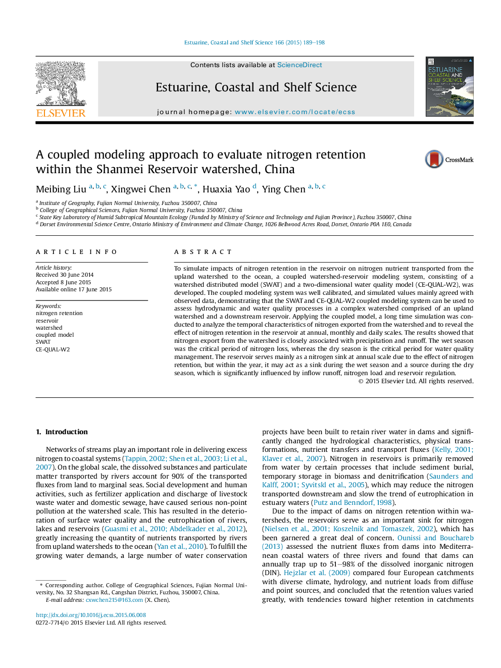 A coupled modeling approach to evaluate nitrogen retention within the Shanmei Reservoir watershed, China