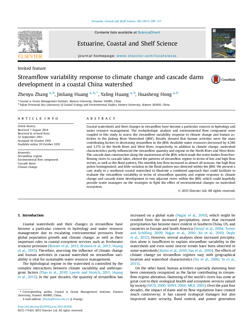 Streamflow variability response to climate change and cascade dams development in a coastal China watershed