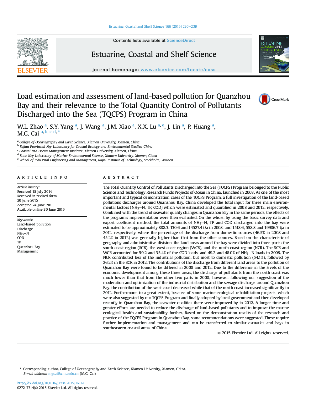 Load estimation and assessment of land-based pollution for Quanzhou Bay and their relevance to the Total Quantity Control of Pollutants Discharged into the Sea (TQCPS) Program in China