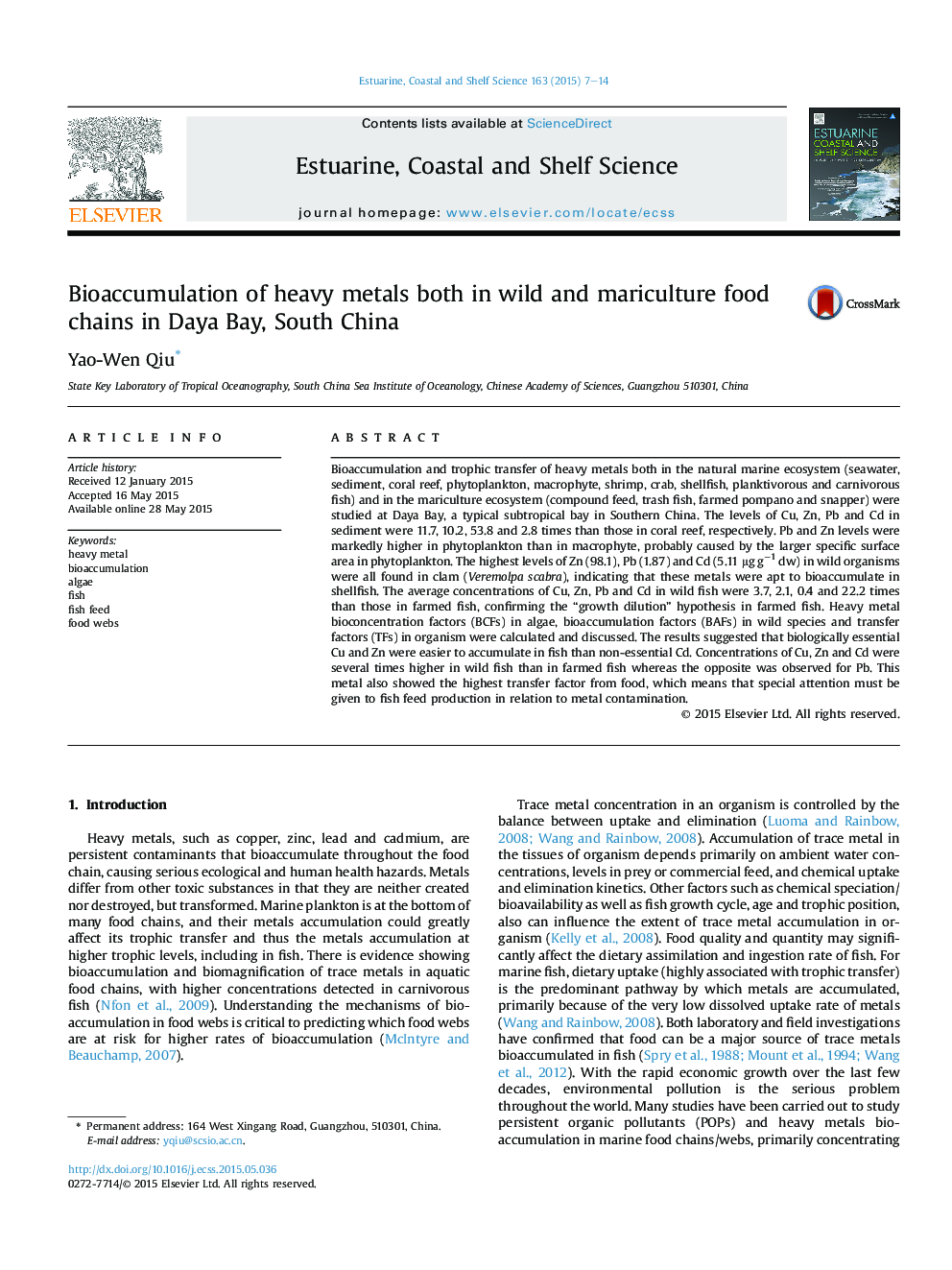 Bioaccumulation of heavy metals both in wild and mariculture food chains in Daya Bay, South China