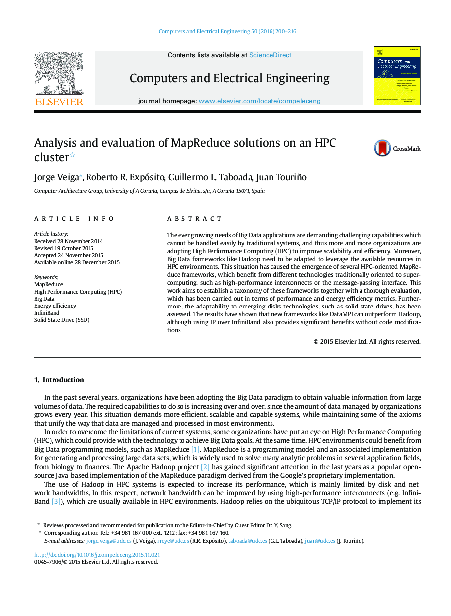 Analysis and evaluation of MapReduce solutions on an HPC cluster 