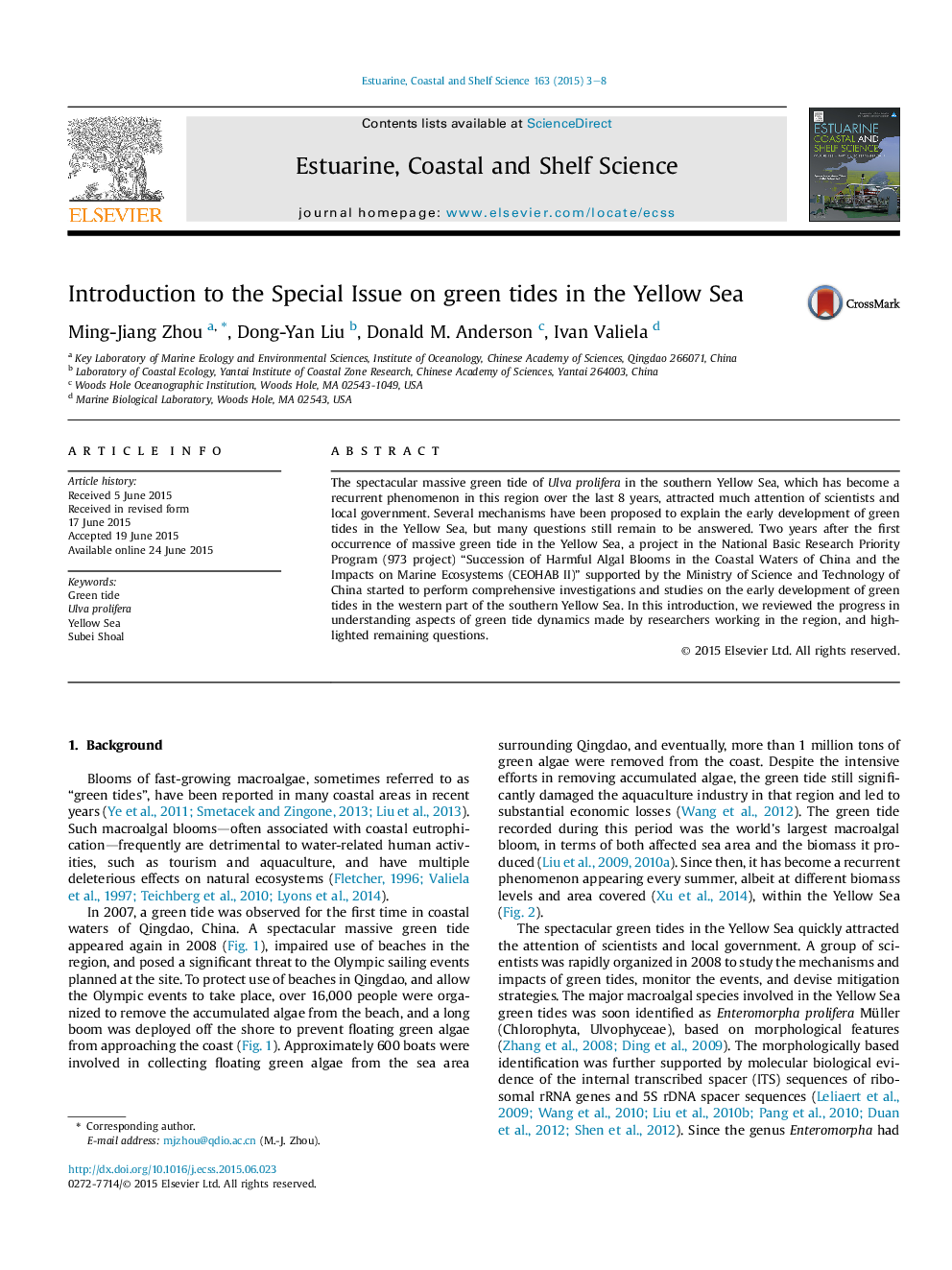 Introduction to the Special Issue on green tides in the Yellow Sea