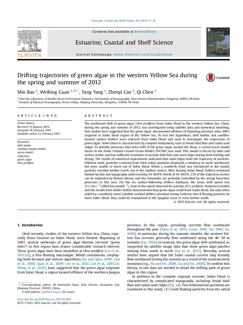 Drifting trajectories of green algae in the western Yellow Sea during the spring and summer of 2012