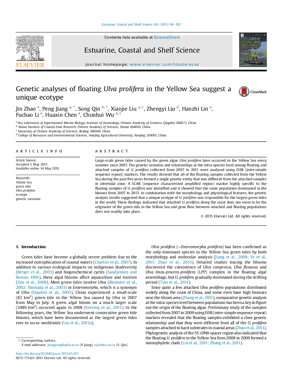 Genetic analyses of floating Ulva prolifera in the Yellow Sea suggest a unique ecotype