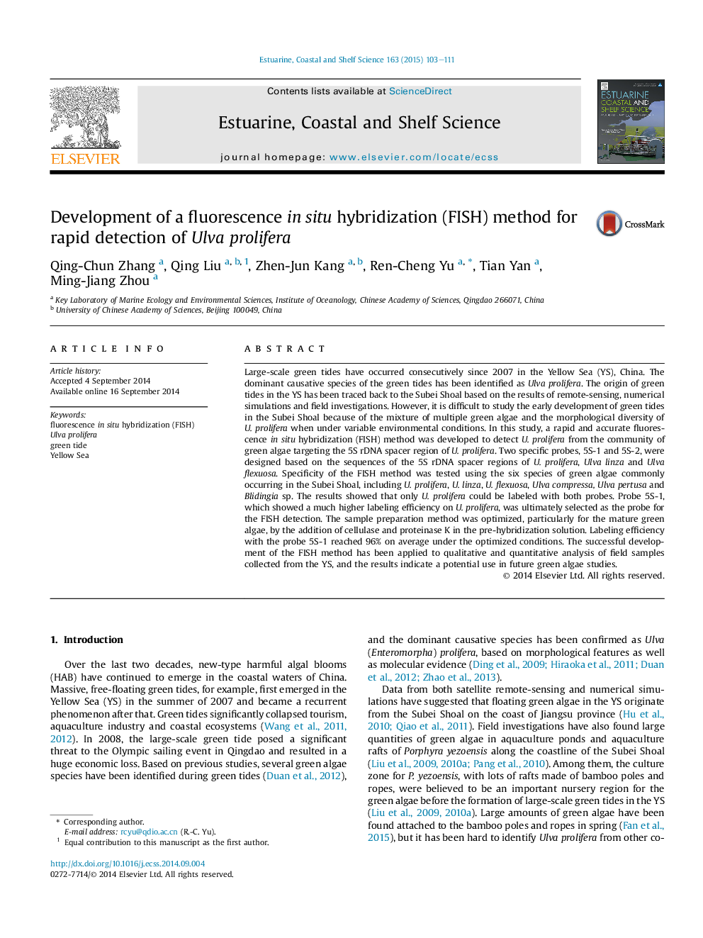 Development of a fluorescence in situ hybridization (FISH) method for rapid detection of Ulva prolifera