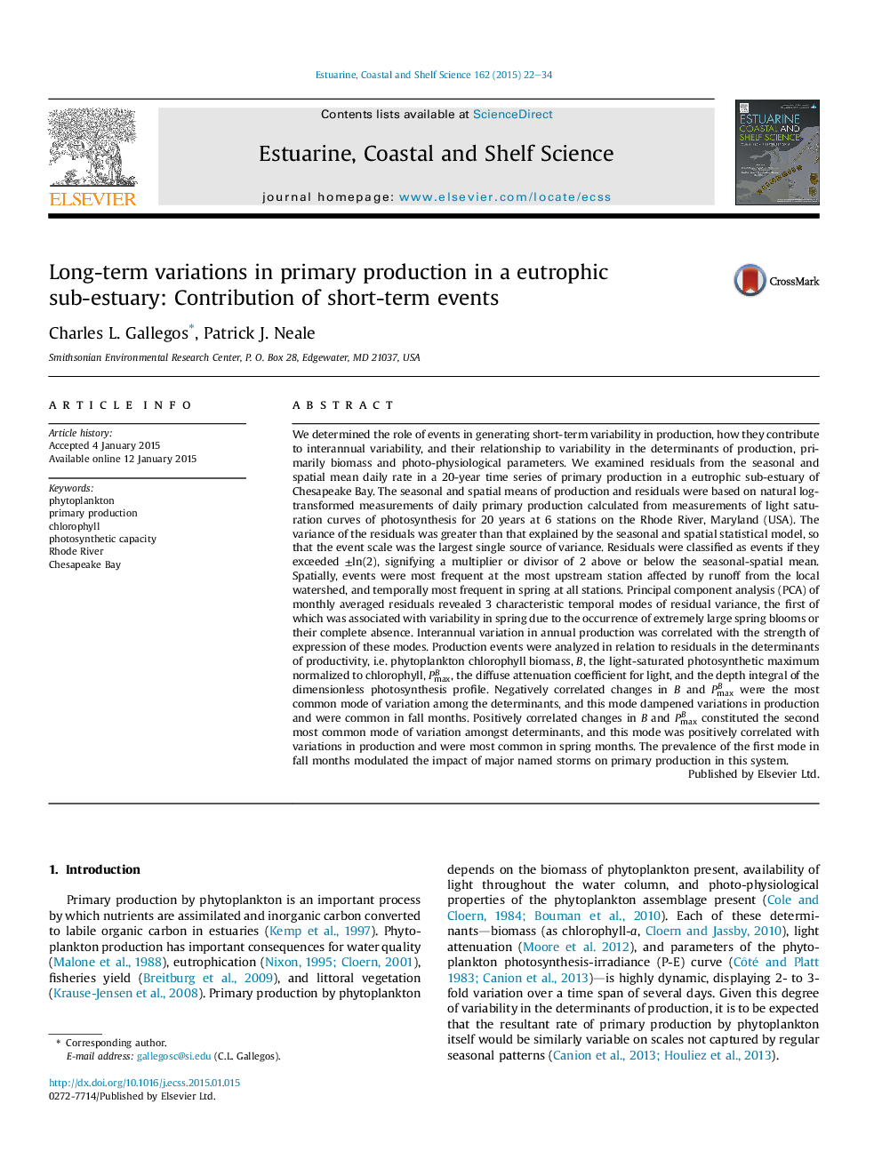 Long-term variations in primary production in a eutrophic sub-estuary: Contribution of short-term events