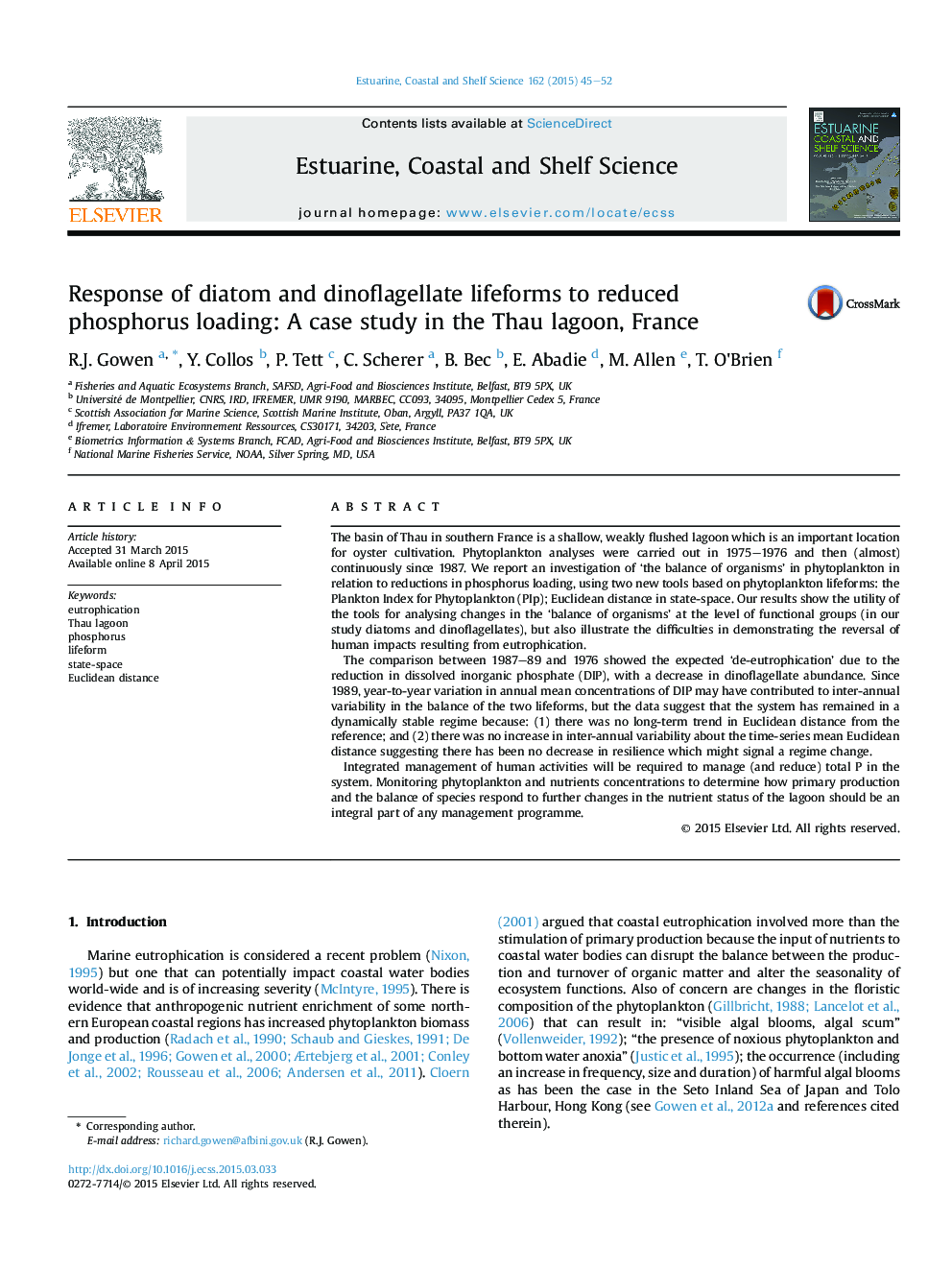 Response of diatom and dinoflagellate lifeforms to reduced phosphorus loading: A case study in the Thau lagoon, France