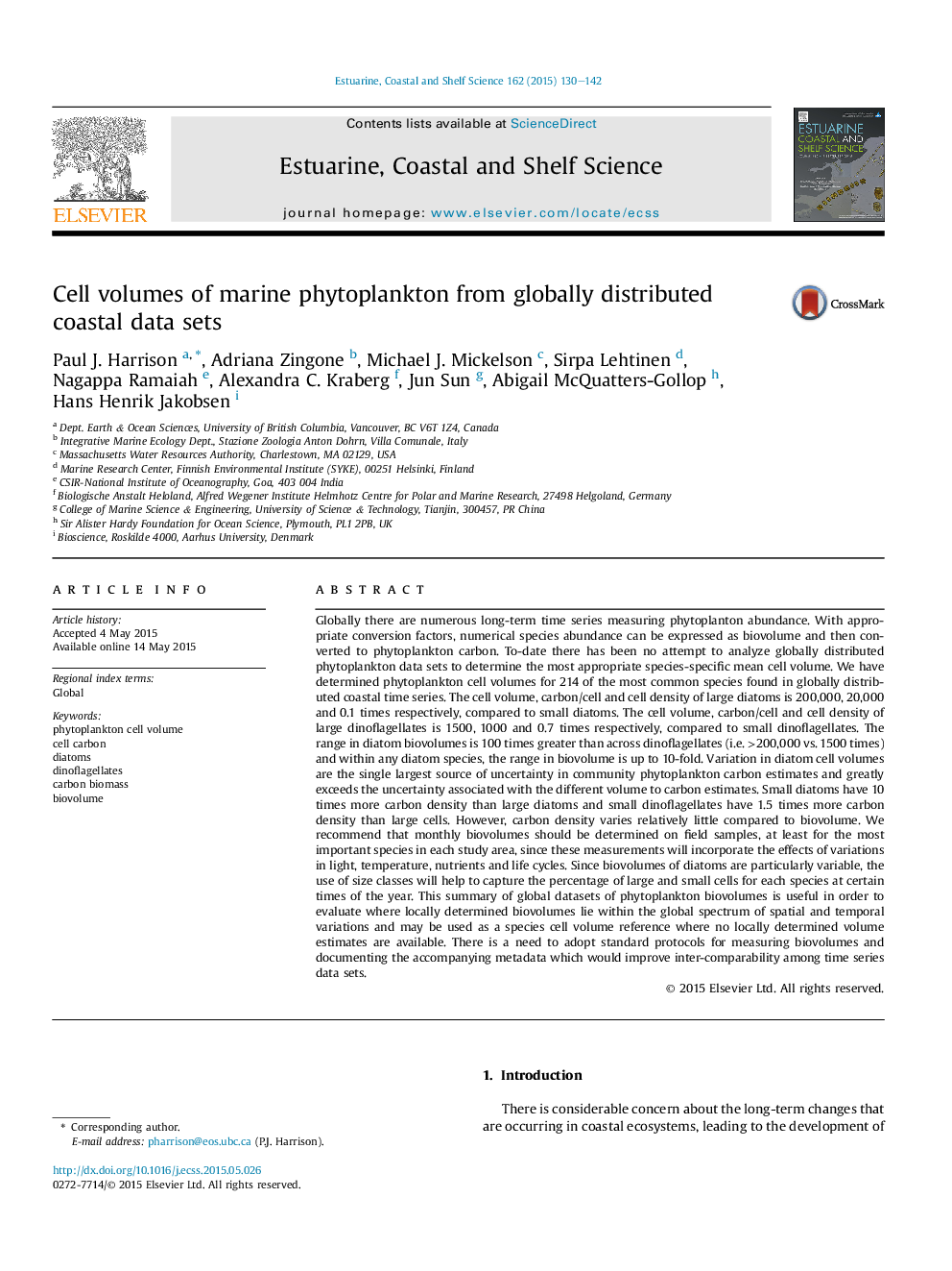 Cell volumes of marine phytoplankton from globally distributed coastal data sets