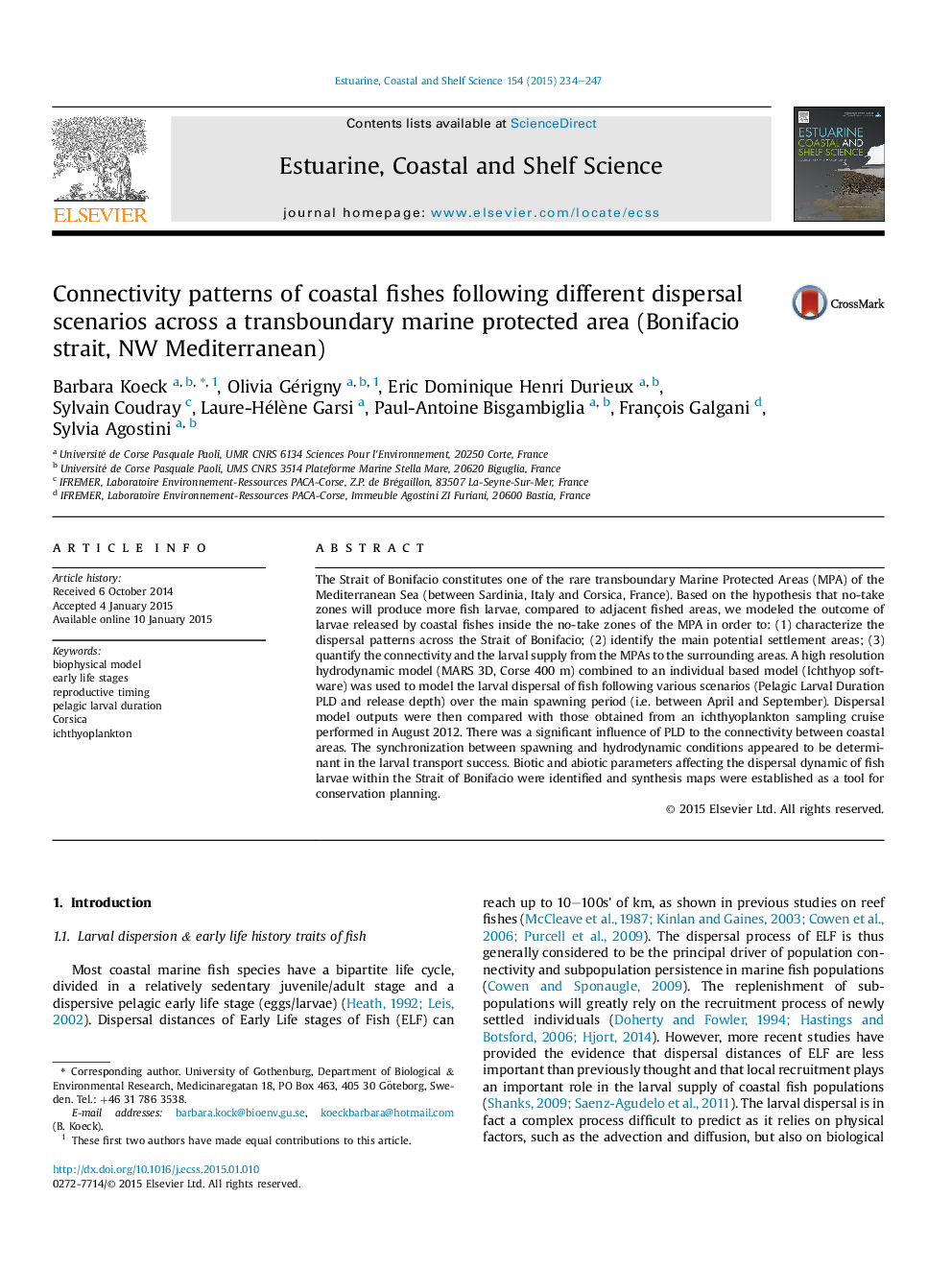 Connectivity patterns of coastal fishes following different dispersal scenarios across a transboundary marine protected area (Bonifacio strait, NW Mediterranean)