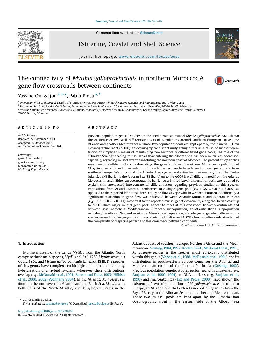 The connectivity of Mytilus galloprovincialis in northern Morocco: A gene flow crossroads between continents