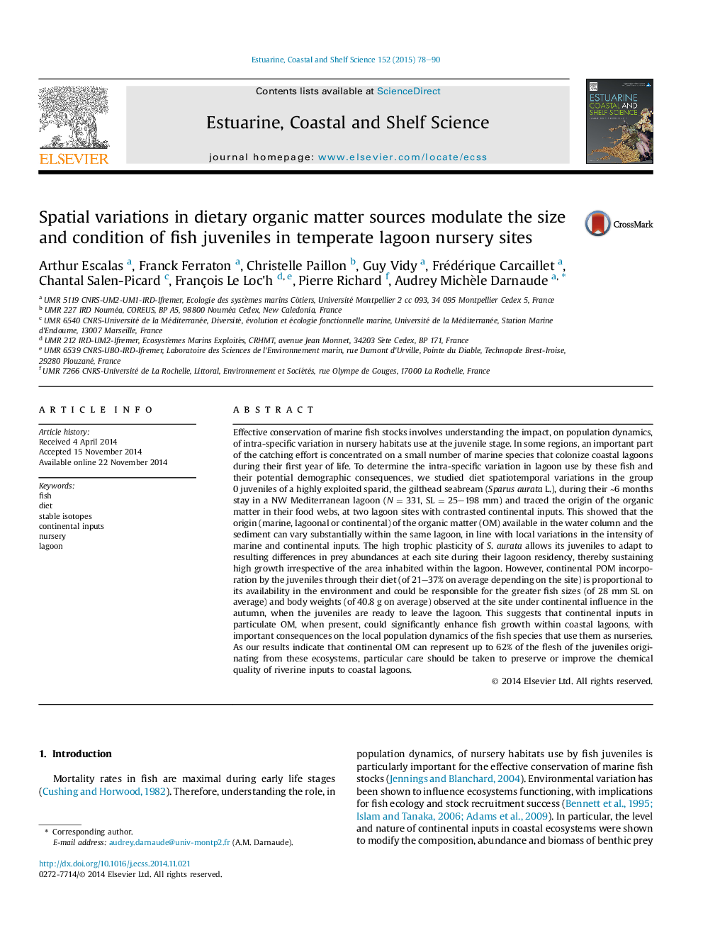 Spatial variations in dietary organic matter sources modulate the size and condition of fish juveniles in temperate lagoon nursery sites