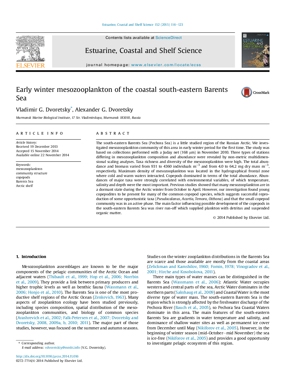 Early winter mesozooplankton of the coastal south-eastern Barents Sea