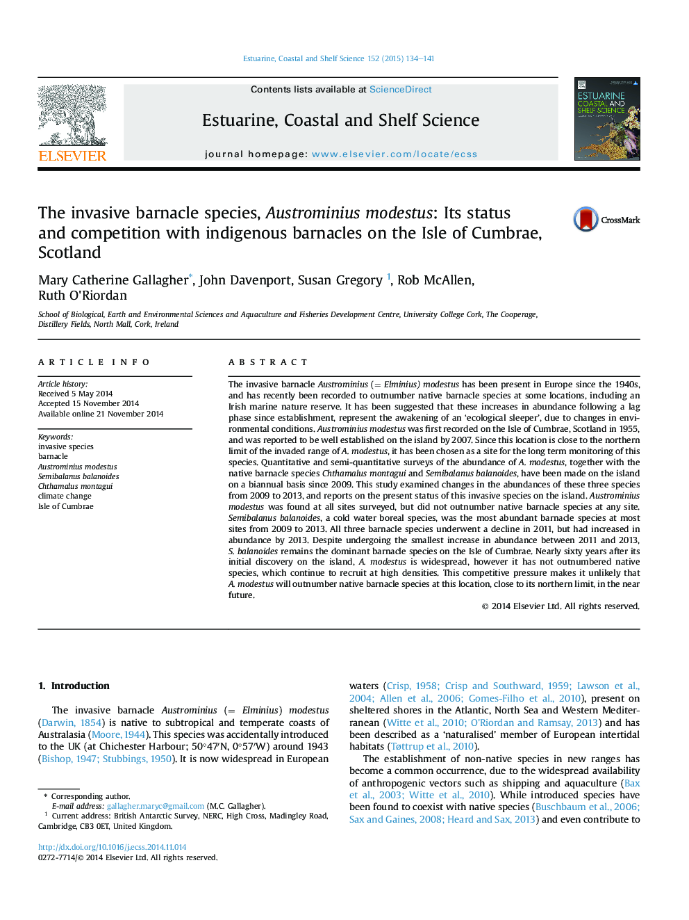 The invasive barnacle species, Austrominius modestus: Its status and competition with indigenous barnacles on the Isle of Cumbrae, Scotland