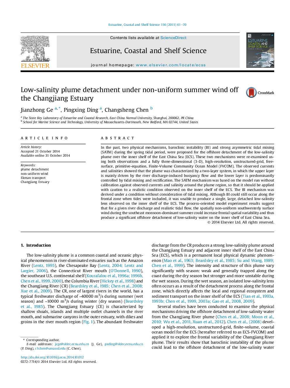 Low-salinity plume detachment under non-uniform summer wind off the Changjiang Estuary