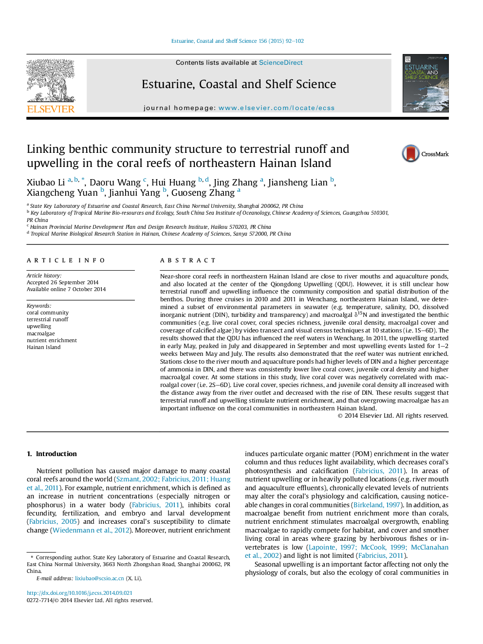 Linking benthic community structure to terrestrial runoff and upwelling in the coral reefs of northeastern Hainan Island