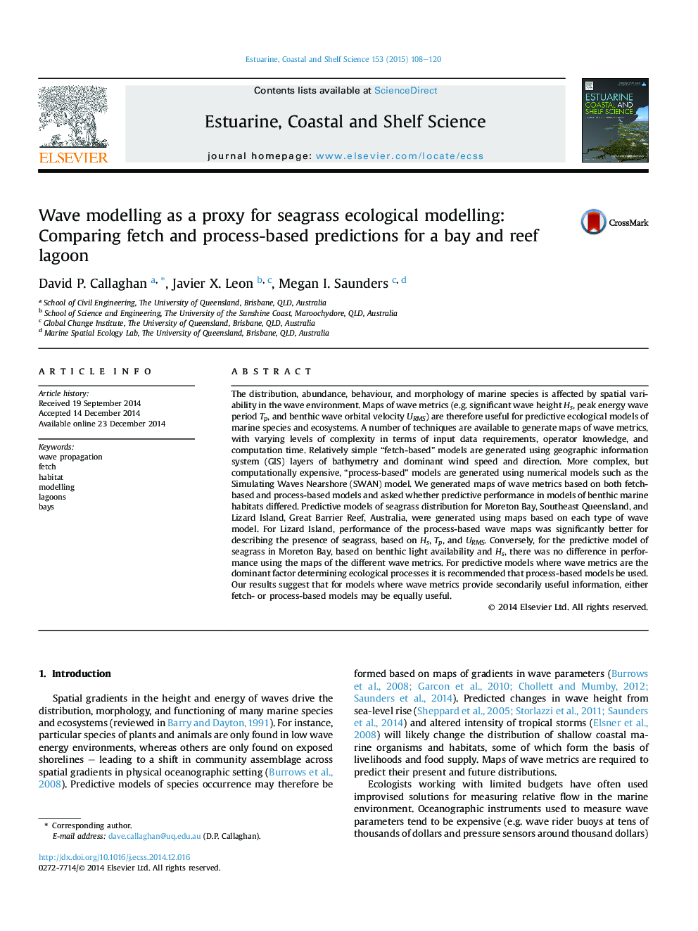 مدل سازی موج به عنوان یک پروکسی برای مدل سازی اکولوژیکی دریایی: مقایسه پیش بینی های برآورد شده و فرآیند برای یک تالاب خلیج و صخره ای 