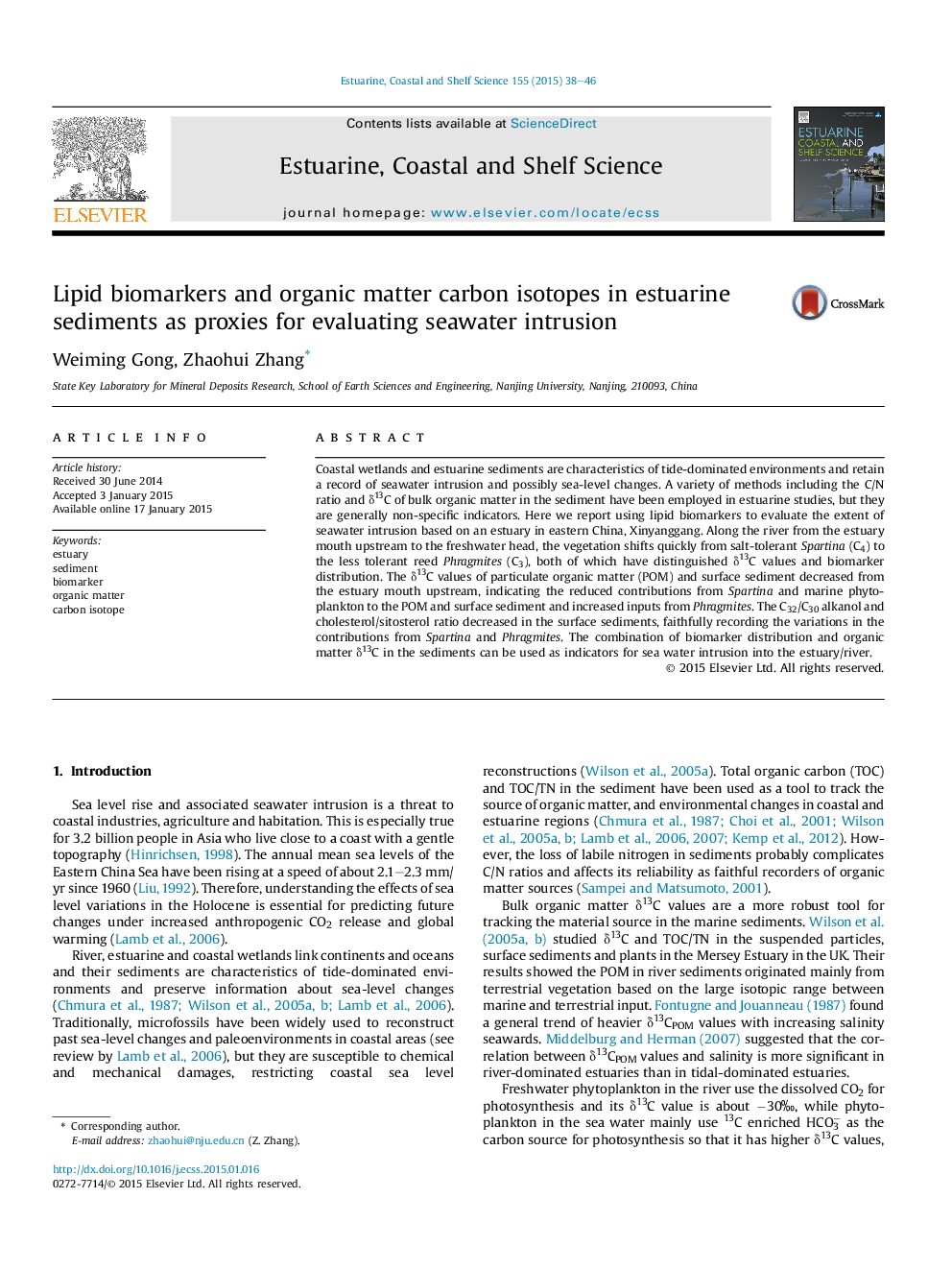 Lipid biomarkers and organic matter carbon isotopes in estuarine sediments as proxies for evaluating seawater intrusion