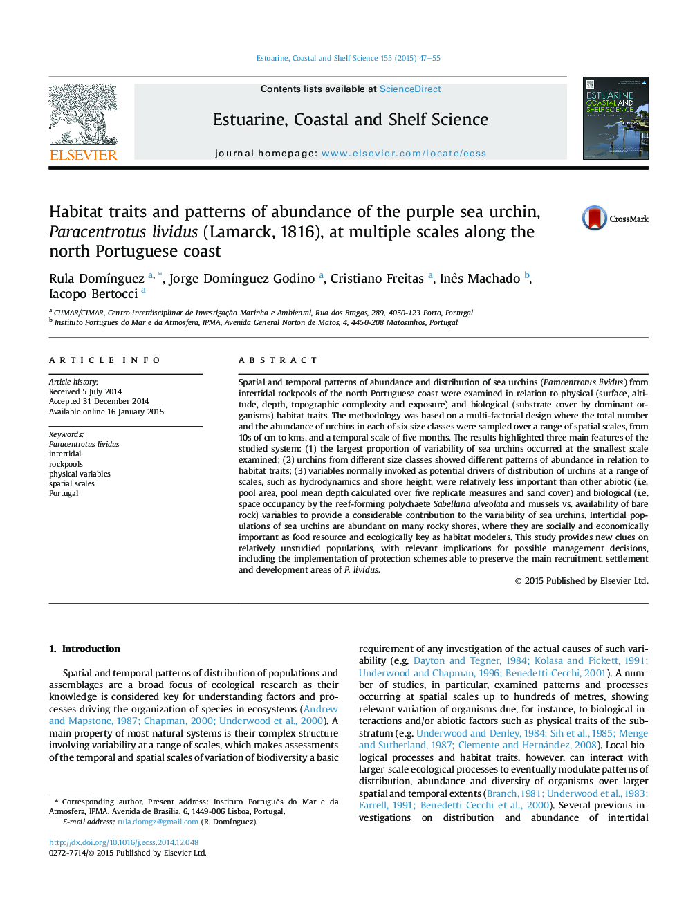 Habitat traits and patterns of abundance of the purple sea urchin, Paracentrotus lividus (Lamarck, 1816), at multiple scales along the north Portuguese coast