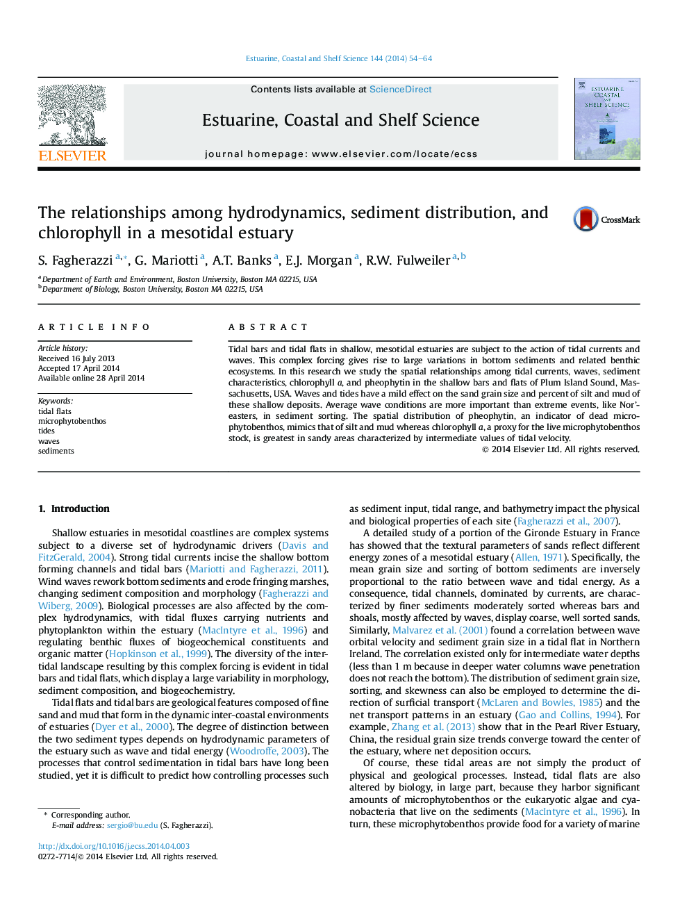 The relationships among hydrodynamics, sediment distribution, and chlorophyll in a mesotidal estuary