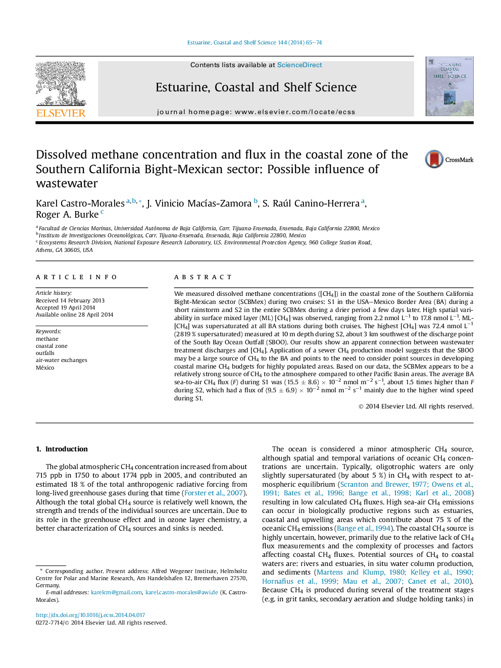 Dissolved methane concentration and flux in the coastal zone of the Southern California Bight-Mexican sector: Possible influence of wastewater