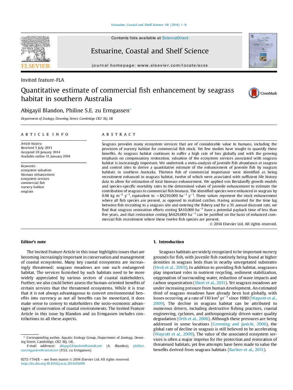 Quantitative estimate of commercial fish enhancement by seagrass habitat in southern Australia