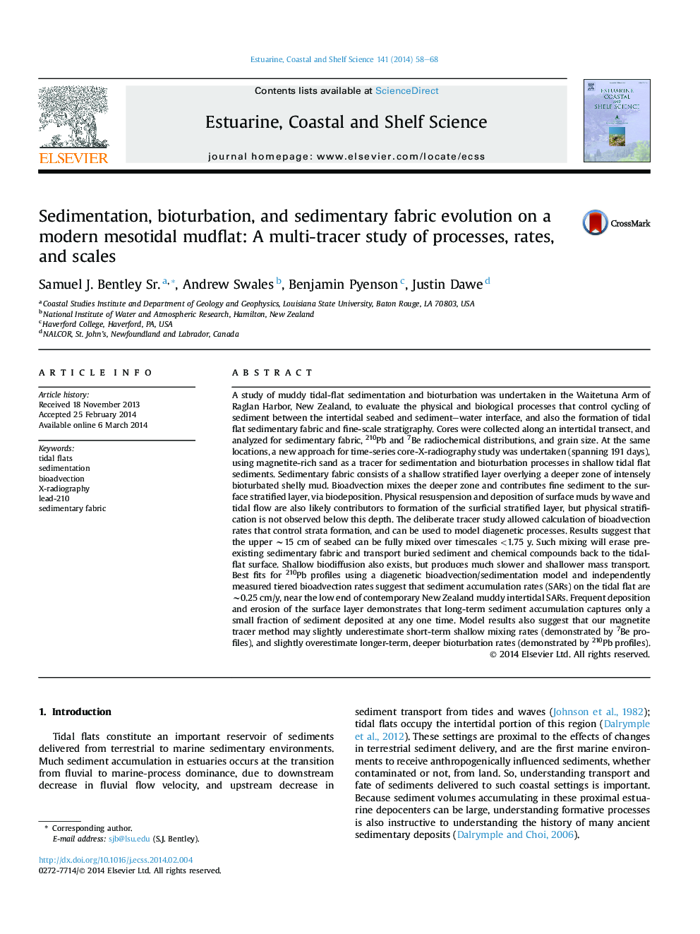 Sedimentation, bioturbation, and sedimentary fabric evolution on a modern mesotidal mudflat: A multi-tracer study of processes, rates, and scales