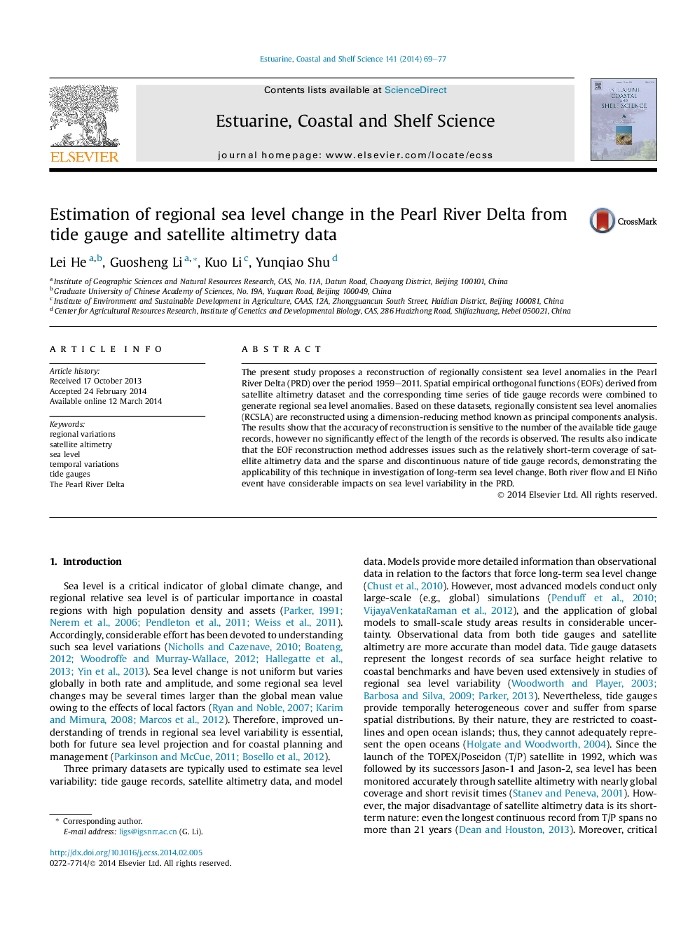 Estimation of regional sea level change in the Pearl River Delta from tide gauge and satellite altimetry data