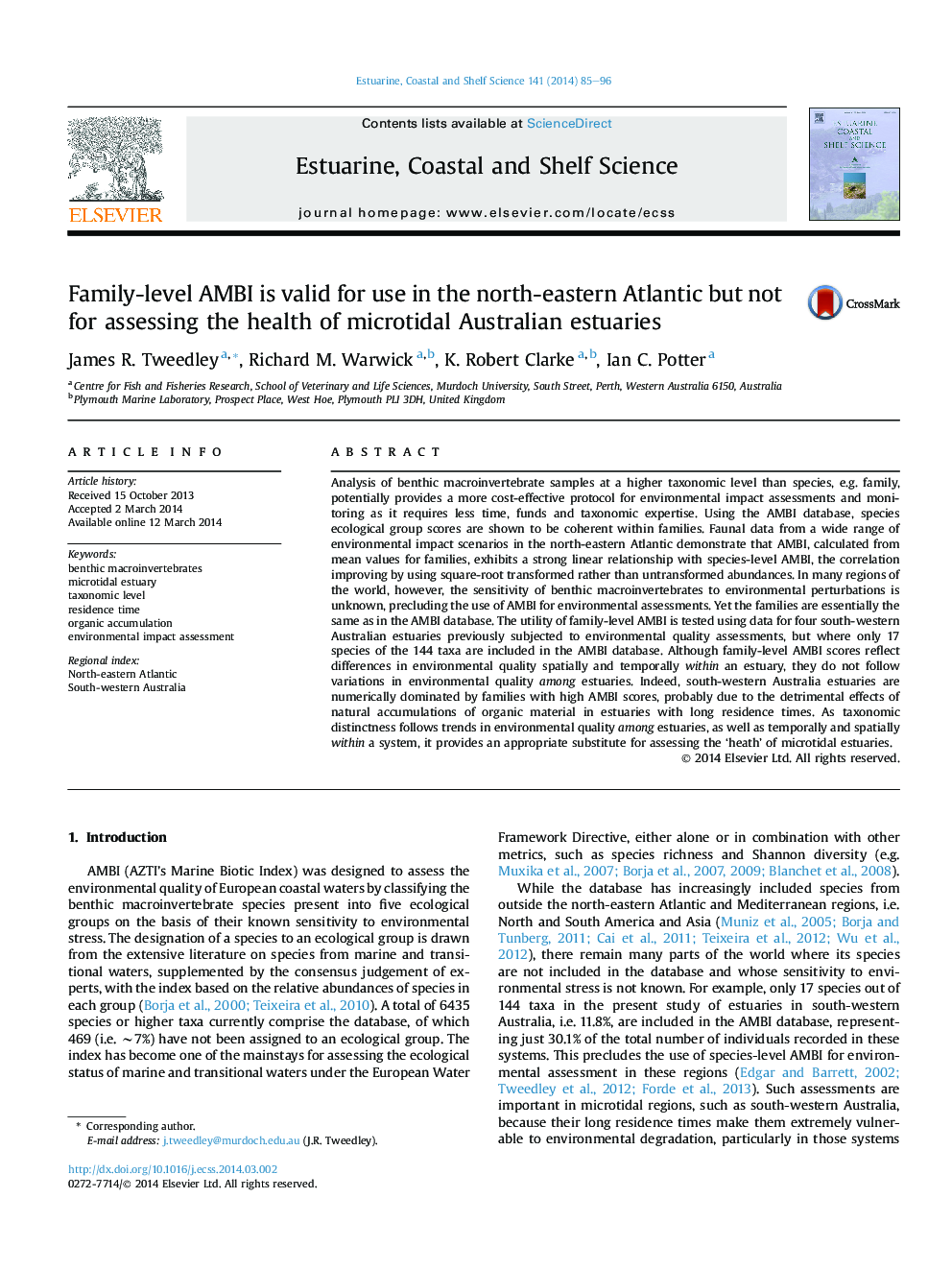 Family-level AMBI is valid for use in the north-eastern Atlantic but not for assessing the health of microtidal Australian estuaries