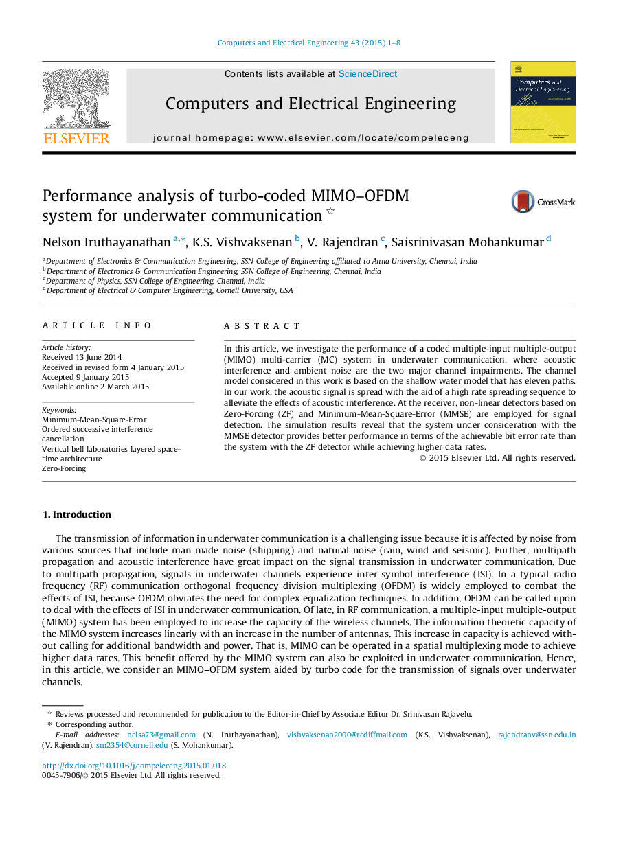 Performance analysis of turbo-coded MIMO–OFDM system for underwater communication 