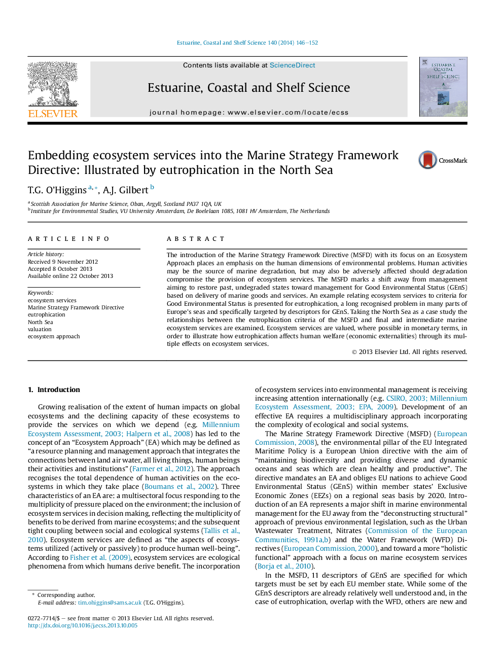 Embedding ecosystem services into the Marine Strategy Framework Directive: Illustrated by eutrophication in the North Sea