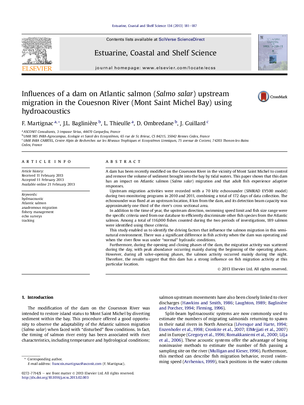 Influences of a dam on Atlantic salmon (Salmo salar) upstream migration in the Couesnon River (Mont Saint Michel Bay) using hydroacoustics